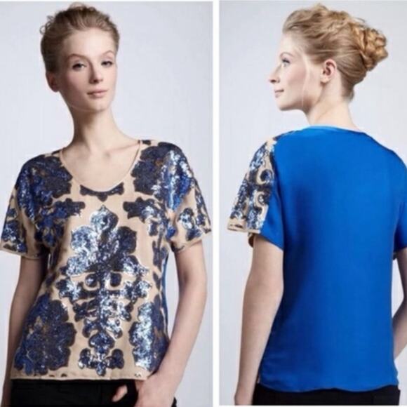 Tracy Reese Neiman Marcus + Target | Tan with Blue Sequins Relaxed Fit Blouse - Picture 12 of 14